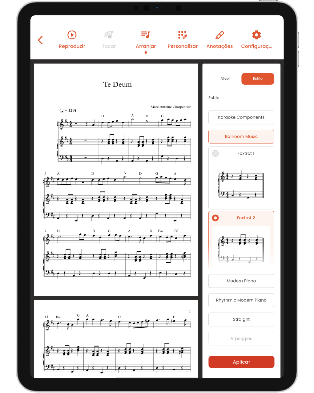 Musiway no iPad: a aba Arranjar com a partitura e a lista de estilos de acompanhamento, com um estilo selecionado e o botão Aplicar