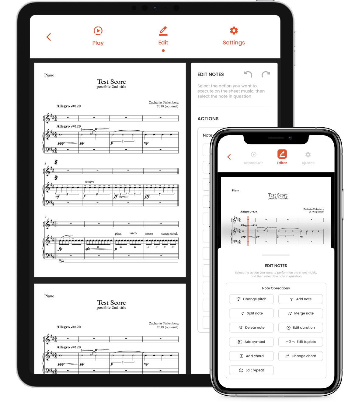 Musiway on iPad and iPhone: the Edit tab with note operations such as change pitch, split, merge and add chord