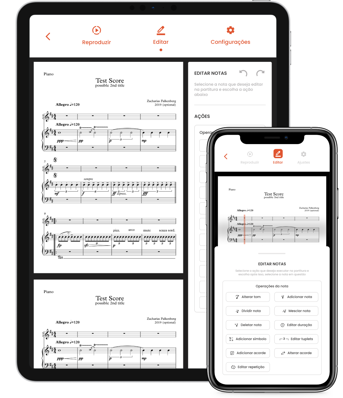 Musiway no iPad e no iPhone: a aba Editar com as operações de nota, como alterar tom, dividir, mesclar e adicionar acorde