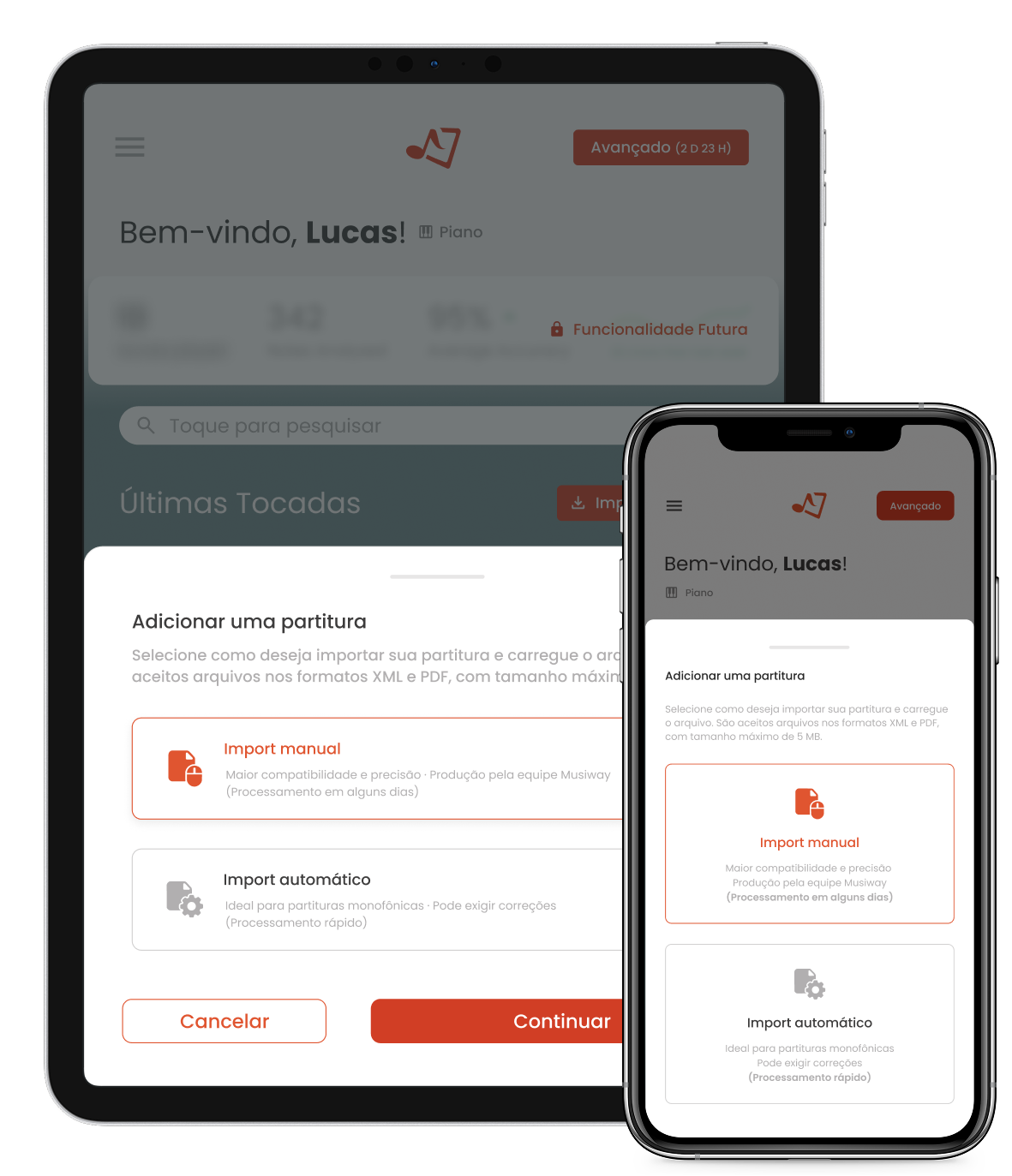 Musiway no iPad e no iPhone: a janela Adicionar uma partitura, com as opções de importação manual e automática