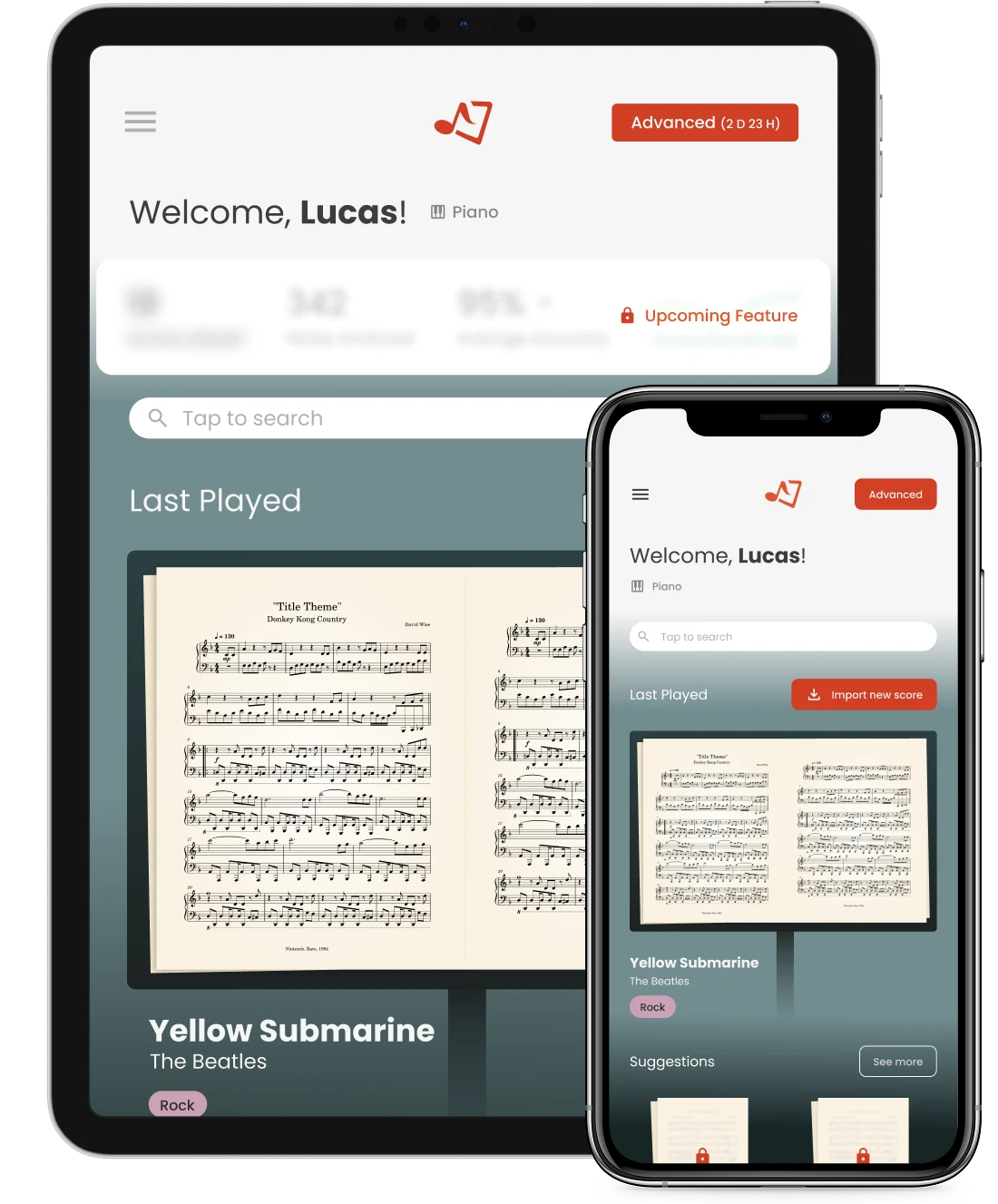 Musiway on iPad and iPhone: the home screen with search, last played scores and suggestions