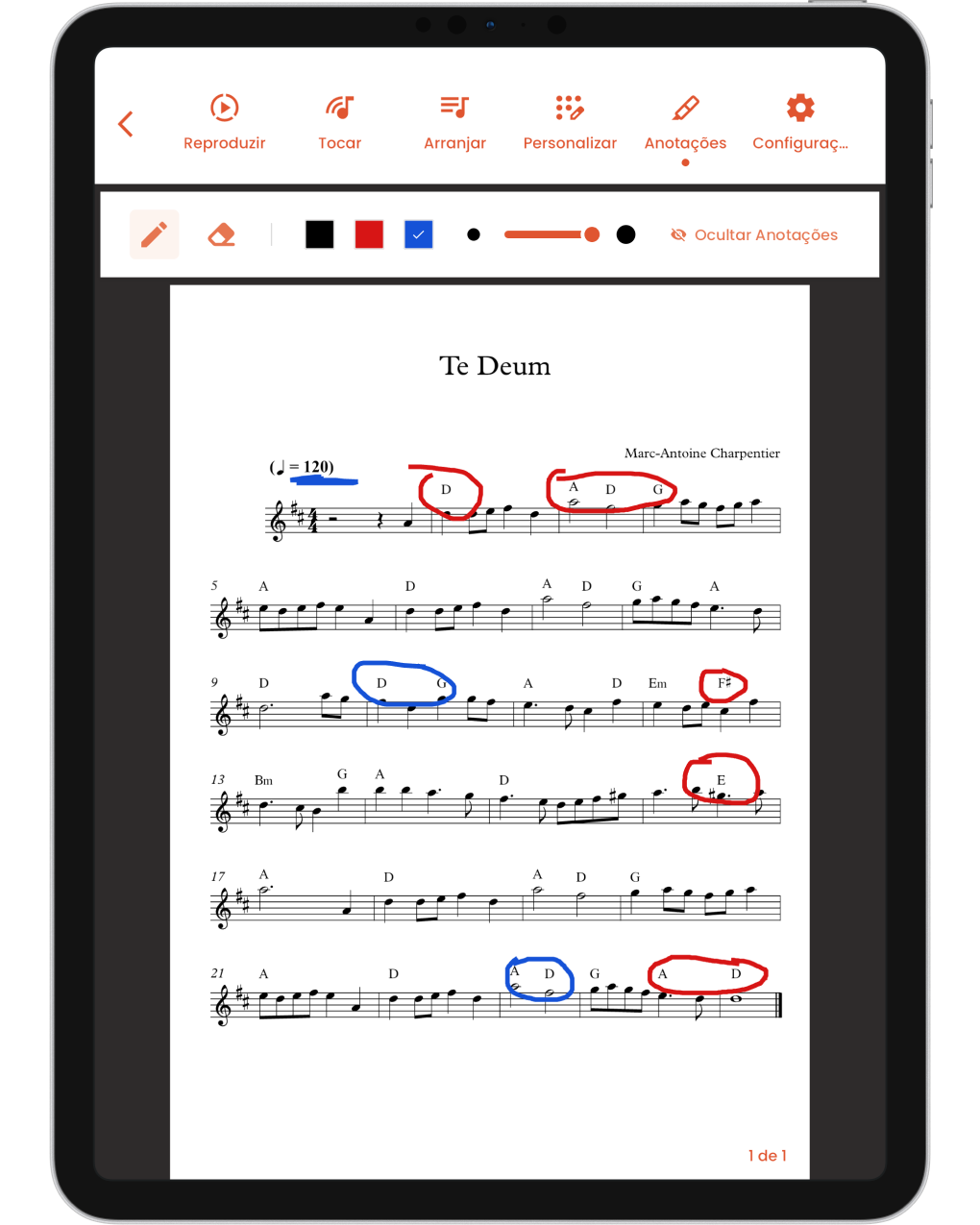 Musiway no iPad: a aba Anotações com caneta, borracha, três cores e trechos circulados na partitura