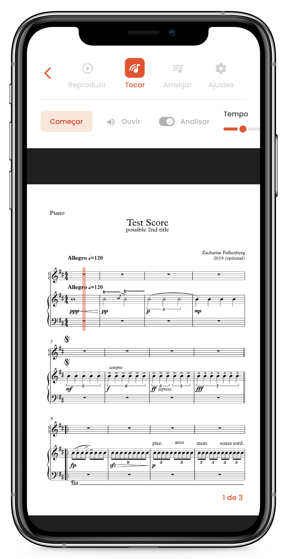 Musiway no iPhone: a aba Tocar com os controles Começar, Ouvir e Analisar e o cursor sobre a partitura