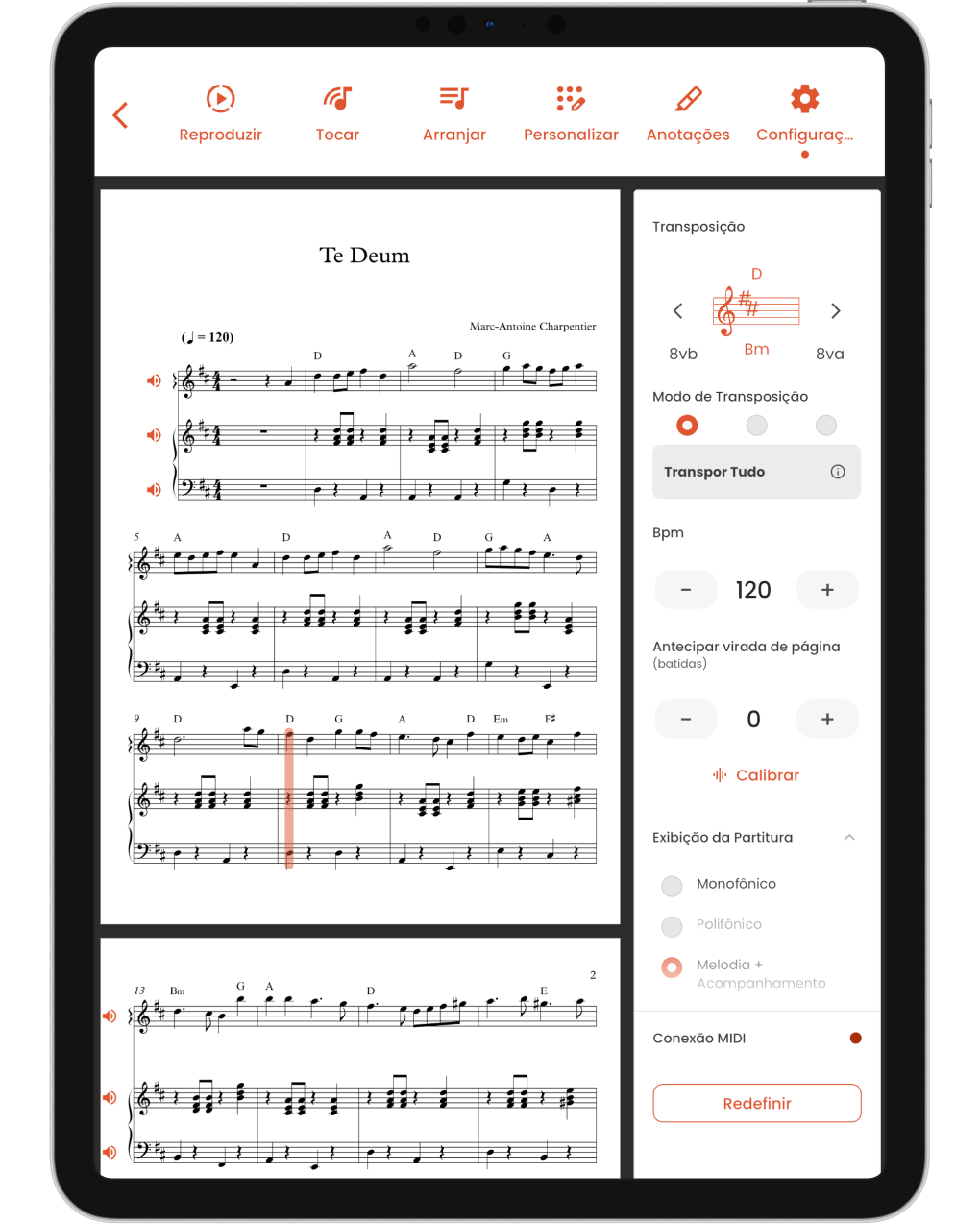 Musiway no iPad: uma partitura aberta ao lado do painel de configurações, com transposição, BPM, antecipação da virada de página e exibição da partitura